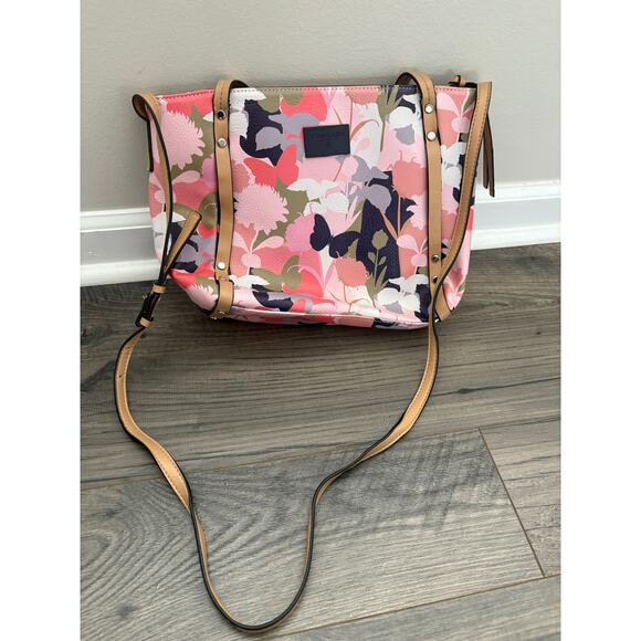 Tahari Mackenzie Floral Butterfly Satchel Crossbody Handbag - Pink Multi - Picture 1 of 8
